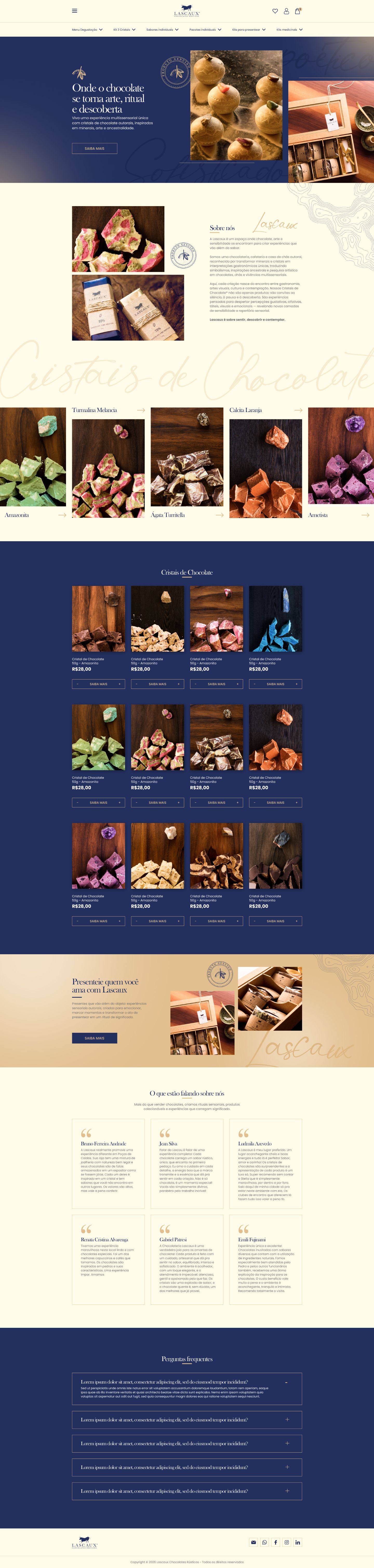 Layout completo da home da Lascaux Chocolates Rústicos